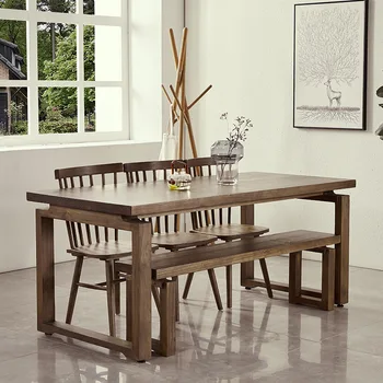 Iskandinav katı ahşap yemek masası, villa yemek odası, retro çok kişi dikdörtgen ev yemek masası ve sandalye