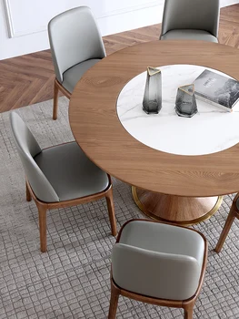 Italyan ışık abartılı katı ahşap yuvarlak yemek masaları ve sandalyeler modern basit kaya plaka pikap ev yuvarlak masa