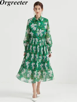 İlkbahar Yaz Yeni Pist Tasarım Çiçek Baskı Uzun Elbiseler Kadınlar İçin Zarif Bayan Uzun Kollu Elastik Bel Şifon Midi Elbise