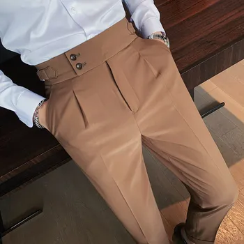 İngiliz Tarzı Sonbahar Yeni Katı Yüksek Bel Pantolon Erkek Resmi Pantolon 2023 Yüksek Kaliteli Slim Fit İş günlük giysi Pantolon Hommes