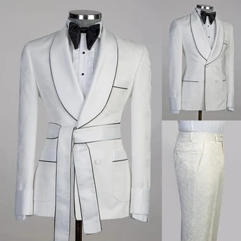Jakarlı Erkek Takım Elbise Özel 2 Adet Blazer Pantolon Kemer İle Şeffaf Saten Yaka Modern İş Düğün Artı Boyutu Özel