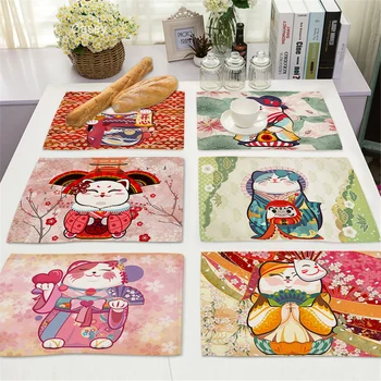 Japon Şanslı Kedi Placemat MaNeKiNeKo mutfak dekoru Keten yemek masası Paspaslar Coaster Pad Kase Kahve Fincanı Mat Masa Örtüsü 40X30cm
