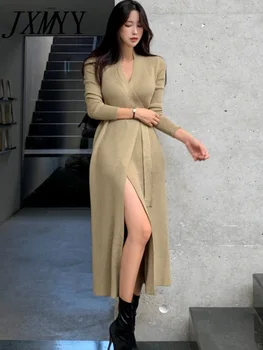 JXMYY İlkbahar Ve Sonbahar Kore Şık Zarif Zarif Moda V Yaka Dantel-Up Bel Zayıflama Örme Elbise kadın Giyim