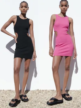 Kadın Elbise 2023 Yaz Yeni Özel Teklif Tatlı Ruili Yuvarlak Boyun Kolsuz İçi Boş Dekore Mini İnce Elbise