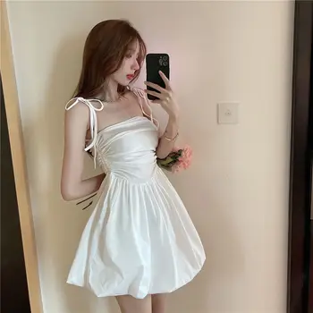 Kadın Elbise Kore Yaz 2022 Moda Çiçek Baskı A-line Kısa Kollu Yüksek Bel Parti Maxi Zarif Dantel Fırfır Beyaz Elbiseler