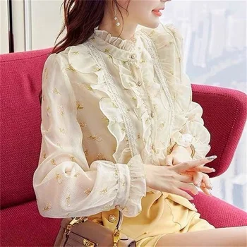 Kadın İlkbahar Sonbahar Stil Şifon Bluz Gömlek Lady Casual Uzun Kollu Standı Yaka Ruffles Polka Dot Baskılı Blusas Üst G2639
