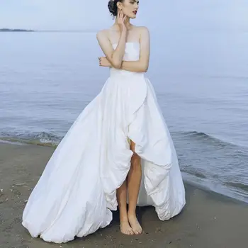 Kadın Kolsuz Büstiyer Tafta Yüksek Düşük Bej Elbise Kızlar Kokteyl Elbiseleri Düğün Resmi İçin Uygun Nedime