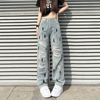 Kadın Kot Rahat Y2k Pantolon Streetwear Yüksek Bel Jean Denim Pantolon Vintage Gevşek Giysiler Geniş Bacak Kot kadın kıyafetleri