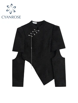 Kadın Siyah Bluz Gömlek Uzun Kollu Üstleri 2023 Moda Çin Tarzı Düzensiz Gömlek Y2k Gevşek Bayanlar Şık Zarif Gömlek Yaz