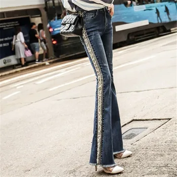 Kadın Çizme Kesim Pantolon Rahat Streç Sıska Çan Alt Kot pantolon Streetwear Artı Boyutu Saçaklı İnci İşlemeli Flare Kot