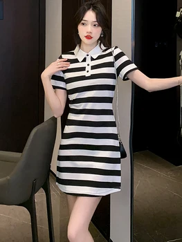Kadınlar Kore Zarif Bodycon Elbise Yaz Siyah Çizgili Kısa Kollu Polo Yaka Mini Balo Elbise 2023 Moda Rahat Parti Elbise