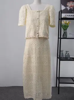 Kadınlar Zarif Şık Vintage Fransız Dantel Takım Elbise Gömlek Üst Ve Midi Uzun Etek İki Parçalı Set Eşleşen Kıyafet 2023 Yaz Yeni Giyim