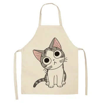 Karikatür Kedi Sevimli Önlük Baskılı Mutfak Önlükleri Kadınlar için Keten Ev Pişirme Kahve Pişirme Bel Önlük Temizleme Araçları Berber