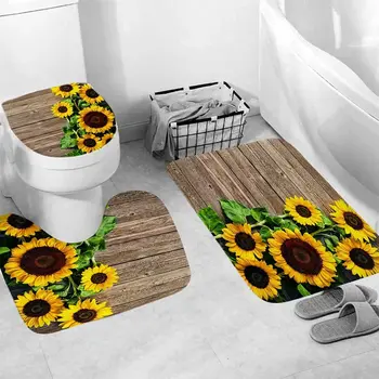 Kelebek Ayçiçeği Banyo Halısı Seti Siyah Arka Plan Rustik Ahşap Panel Pazen Banyo Paspas Tuvalet Koltuk Küvet Dekor Aksesuarları