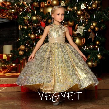 Kepçe Payetli Altın Çiçek Kız Elbise Bir Çizgi Ayak Bileği Uzunluğu Kolsuz Sevimli Noel Elbisesi 2022 Kış