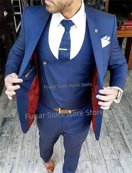 Klasik Iş Mavi Düğün Takımları Erkekler Için Slim Fit Çentikli Yaka Damat Tuxedos3Pieces Setleri Resmi Erkek Blazer Ternos Mascuino