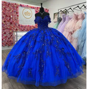 Kraliyet Mavi Balo Quinceanera elbiseler Dantel Aplikler Kapalı Omuz Vestidos De 15 años Mahkemesi Tren Kabarık Tatlı 16 Elbise
