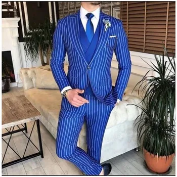 Kraliyet Mavi Çizgili Erkek Takım Elbise Slim Fit 3 Adet Damat Smokin Düğün Balo Doruğa Yaka Blazer Erkek Takım Elbise (Ceket + Pantolon + Yelek)