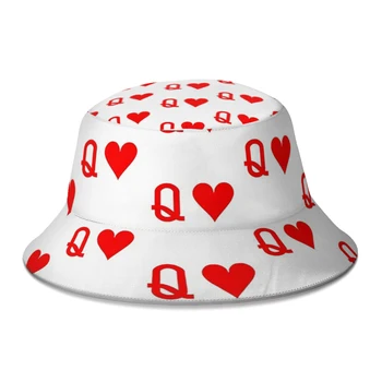 Kraliçe Kalpler oyun kartı Sihirbaz Poker Oyuncusu Kova Şapka Kadın Erkek Genç Katlanabilir Bob Balıkçı Şapka Panama Kap
