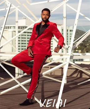 Kırmızı Erkek Takım Elbise Blazer Setleri Peaky Yaka Kruvaze Balo İş Seyahat Takım Elbise Erkekler için 2 Adet palitor masculino terno