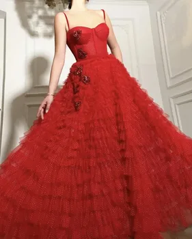 Kırmızı Fas Abiye Balo Spagetti Sapanlar Tül Boncuklu Uzun Lüks Türkiye Dubai Suudi Arabistan Balo Elbise