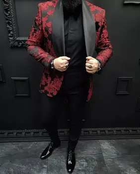 Kırmızı Moda Jakarlı erkek Takım Elbise 2 Adet Blazer Siyah Pantolon Bir Düğme Saten Şeffaf Yaka Slim Fit İş Modern Düğün Damat