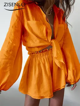 Kısa Setleri Bahar Yeni Rahat Moda Düz Renk Fırfır Şort Uzun kollu Gömlek İki Parçalı Set Kadınlar için Bohemia kadın Takım Elbise