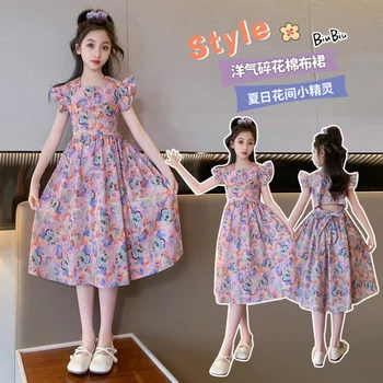 Kız çocuk yaz elbisesi Mor Çiçek Pamuklu Elbise 2023 Kore Tarzı Sevimli Günlük Rahat Çocuk Giyim Düğün Prenses Parti Elbise
