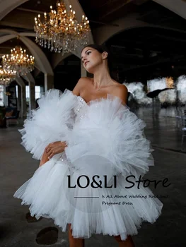 LO & LI Yaz Sequins Mini Prenses Elbise Kadınlar için Plaj Düğün İnci Bir Çizgi Zarif Özel Gelin Evlilik Elbise kıyafeti Doğum Günü