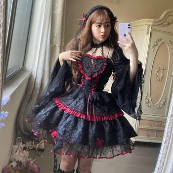Lolita Goth Küçük Cadı Vampir Gül Punk Uzun Kollu Kadife Bel Toplama Sonbahar Elbise