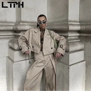 LTPH streetwear vintage pantolon setleri iki parçalı set kadınlar için rahat kemer rüzgarlık ceket geniş bacak pantolon 2023 sonbahar yeni