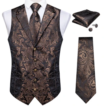 Lüks Kahverengi İpek Takım Elbise Yelek Erkekler için düğün elbisesi up Resmi Erkek Yelek Boyun Kravat Mendil Kol Düğmeleri Moda Jile