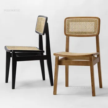 Masif ahşap yemek sandalyeleri Rattan Retro Yemek Sandalyesi Minimalist Modern Arkalığı Sandalye Eğlence Restoran yemek odası mobilyası
