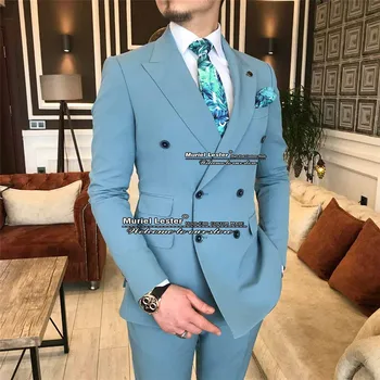 Mavi Erkek Takım Elbise Slim Fit Çift Göğüslü Ceket Pantolon Tasarım Son Sigara Iş Ofis Işleri 2 Parça Kostüm Homme Mariage