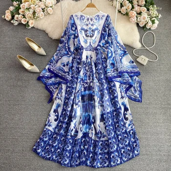 Maxi Şifon elbise Kadınlar 2023 Yaz Bohemian Mavi Ve Beyaz Porselen Baskı Giyim Kat Uzunluk Parlama Kollu Uzun Vestidos