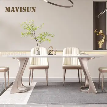 Minimalist yemek masası seti Yuvarlak Köşeler 140cm-180cm Kaya Tahtası Masa Üstü Paslanmaz Çelik Tabanlar Tasarımcı yemek masası Ve Sandalyeler