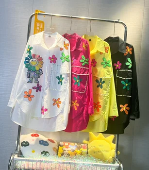 Moda 2023 Yeni Bahar Yaz Uzun Kollu Bluzlar Orta uzun Hırka Üst Şeker Renk Elmas Çiçek Baskılı Sequins Casual Gömlek
