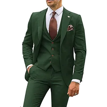 Moda Erkek Takım Elbise 3 Adet Setleri Çentikli Yaka Fit Düğün Parti İş Rahat Damat Smokin Ceket Yelek Pantolon
