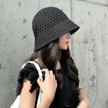 Moda Katı El Yapımı Tığ Disket Üst yazlık şapkalar Kadınlar İçin Hollow Out Örgü Kubbe Kova Şapka Geniş Ağız Katlanabilir Plaj Kapaklar