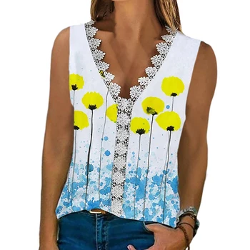 Moda Kolsuz Baskı yazlık gömlek V Yaka 2023 Dantel Çiçek Casual Bluzlar Tops Kadın Zarif Blusas Mujer T-shirt 24858