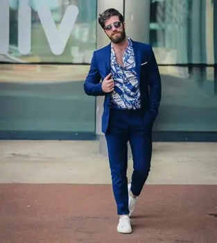Moda Kraliyet Mavi Erkek Slim Fit Casual İş Düğün Parti Elbise İki Düğme Damat Tuexdos traje hombre Erkekler Blazer 2 adet