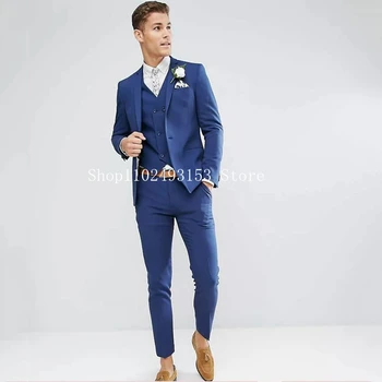 Moda Takım Elbise Erkekler İçin 3 Adet Slim Fit Resmi Zarif İş Damat Damat Giyim Takım Elbise (Blazer + Yelek + Pantolon) trajes De Hombre