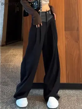 Moda Yüksek Bel Geniş Bacak Pantolon kadın Kore Baskı Düz Renk Rahat Splice Pantolon Sonbahar Yeni Ürün Kadın Pantolon