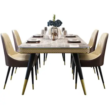 Modern Lüks yemek masası seti mutfak mobilyası Mermer Masa Üstü Metal masa üstü çerçeve Deri yemek sandalyeleri