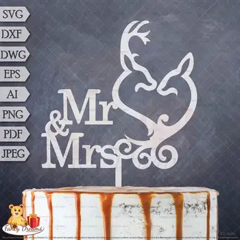 Mr & Mrs Düğün + Geyik-Lazer Kesim Şablon Kek Topper-SVG, DXF, DWG, Eps, aı, png, pdf, Jpeg-Anında indir