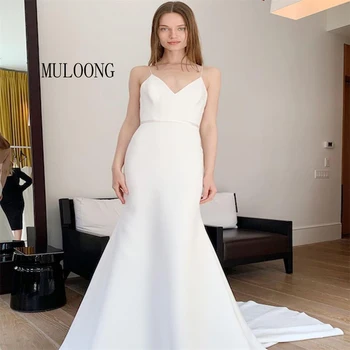 MULOONG Zarif Beyaz Sevgiliye Spagetti Kayışı Bir Çizgi Uzun düğün elbisesi Kat Uzunluk Sweep Tren Abiye Yeni Vestidos De Novia
