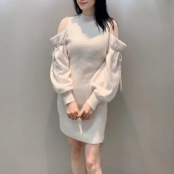 Neploe JAPONYA Vestidos De Mujer Zarif O Boyun Uzun Kollu Off-omuz Vual Patchwork Robe Femme Düz Renk Örme elbiseler