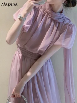 Neploe Kore Tarzı Tatlı Standı Yaka Lace Up Puf Kollu Gömlek + Yüksek Bel İnce Etek Takım Elbise 2023 Yaz Kadın 2 adet Setleri