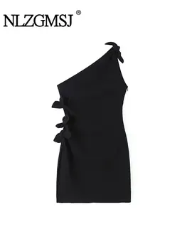 Nlzgmsj TRAF tek tek omuzlu elbise Kadınlar 2023 Katı Kolsuz Fırfır Etek Mini Elbise Seksi Bayanlar Parti Elbise