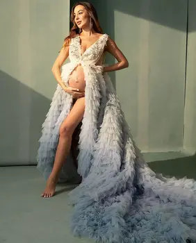 Ombre Tül balo kıyafetleri V Boyun Ön Bölünmüş Katmanlı Ruffles Abiye giyim Fotoğraf Photoshoot hamile elbisesi bebek Duşu için